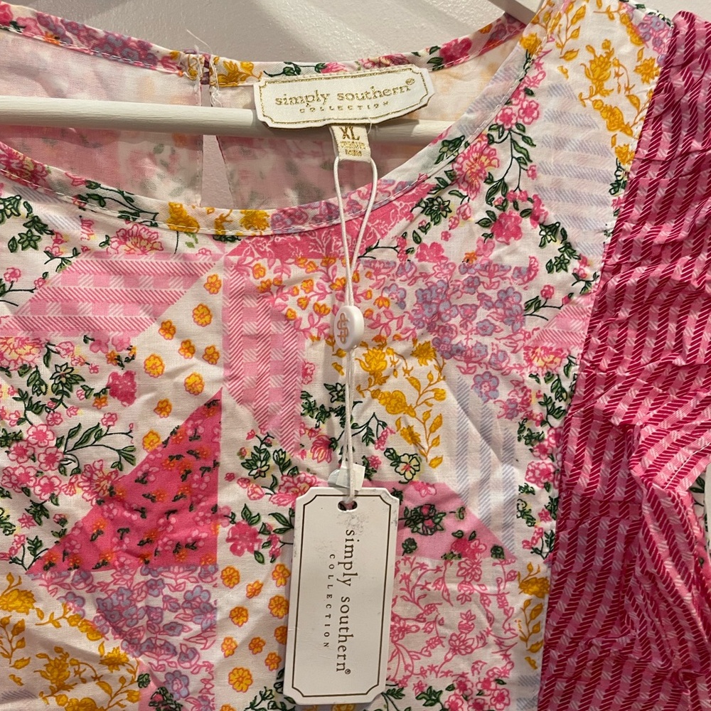 Simply Southern Pink Floral Ruffled Maxi Dress Cotton Size XL patchwork - Picture 3 of 5
